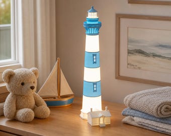 Bodie Island Lighthouse Plug-In Lamp | Blue and White | Dimmable LED Light | 18 Inches Tall