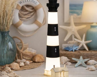 Bodie Island Lighthouse Plug-In Lamp | Black and White | Dimmable LED Light | 18 Inches Tall