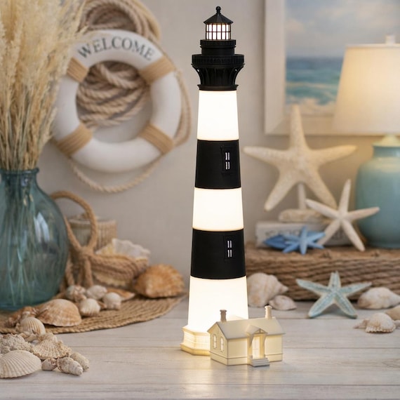 Bodie Island Lighthouse Plug-In Lamp | Black and White | Dimmable LED Light | 18 Inches Tall
