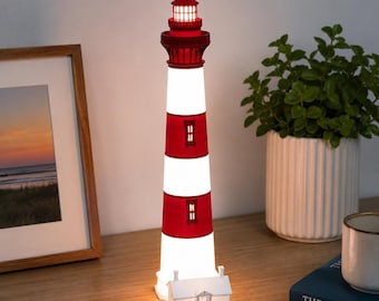 Bodie Island Lighthouse Plug-In Lamp | Red and White | Dimmable LED Light | 18 Inches Tall