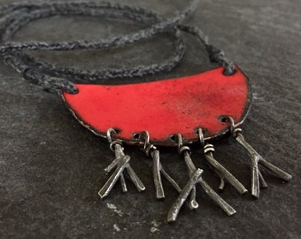 rooted - torch fired enamel and molten sterling pendant on lucet cording