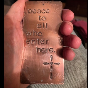peace to all who enter here cross warm copper passages plaque image 3