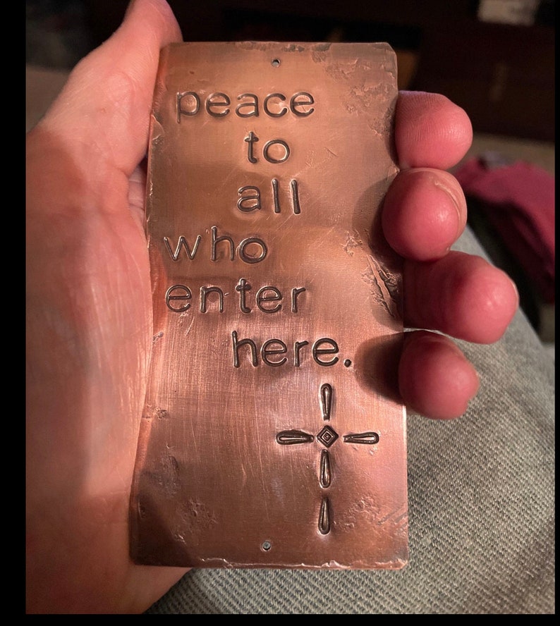 peace to all who enter here cross warm copper passages plaque image 3