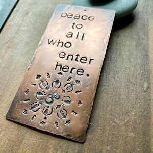 peace to all who enter here - warm copper passages plaque - vertical orientation