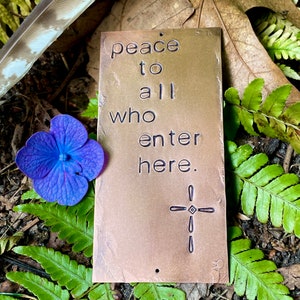 peace to all who enter here cross warm copper passages plaque image 2
