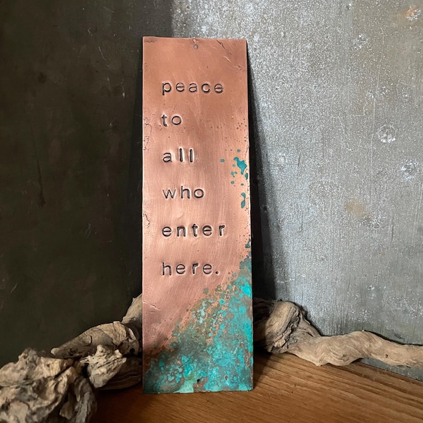 Copper 'Peace To All' Door Plaque - Patina Finish