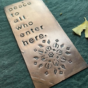 peace to all who enter here - botanical - warm copper passages plaque - vertical orientation