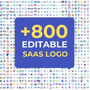 May include: A collection of over 800 diverse, colorful, and geometric graphic icons arranged in a grid pattern. A central blue rectangular overlay features the yellow text +800, followed by the white text EDITABLE SAAS LOGO in capital letters.