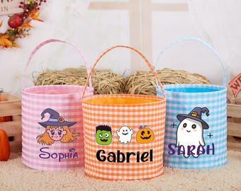 Kids Halloween Basket/Personalized Halloween Bucket/Monogrammed Halloween/Halloween Candy Tote/Gingham Halloween Bucket Trick Or Treat