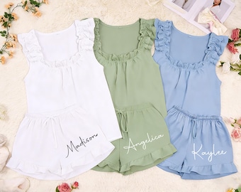 Ruffle Pajama Set, Personalized Name Bridal Party PJs, Soft Stretch Lounge Set