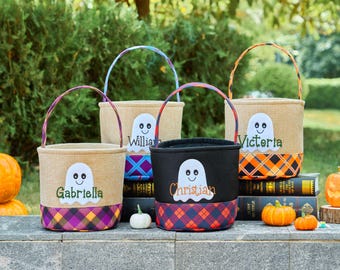 ハロウィン トリック・オア・トリートバスケット、キッズハロウィンバスケット、カスタム刺繍ネームバスケット、ハロウィントートバッグ、再利用可能なキャンディバケツ、ハロウィンギフト