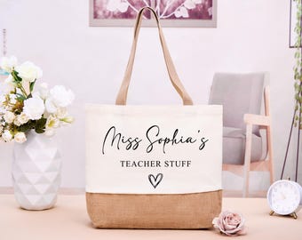Personalised Teacher Bag with Custom Name, TA, Teaching Assistant, Nursery Staff End of Term Gift, Thank You Present Hessian Jute Tote Bag