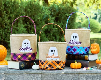 Personalized Halloween Basket,Trick or Treat Bucket,Kids Candy Bag,Embroidered Ghost  Basket,Custom Halloween Tote Bag,Halloween Gift