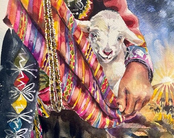 Colorful Shepherd with Lamb Watercolor 8x10" Giclee Print Christmas Revelation Wellness Jesse Tree Advent Devotional