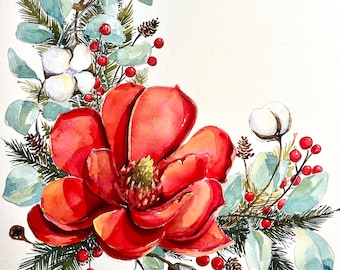 Christmas Magnolia Cotton Wreath Watercolor 8x10" Giclee Print "Christmas Magnolia"