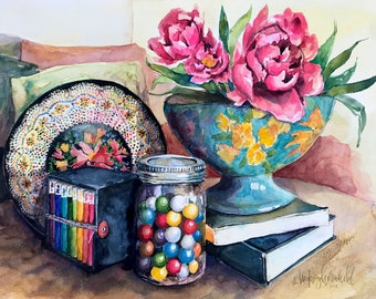 Gumballs Still Life Floral Watercolor 8x10" Giclee Print "Gracie's Gumballs"