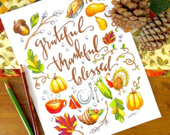 Thankful, Grateful, Blessed Coloring Page