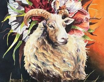 Longhorn Sheep Ram Watercolor 8x10" Giclee Print "Longhorn Sheep"