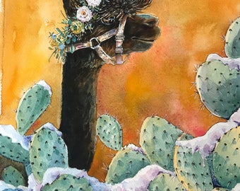 Alpaca Cactus Winter Snow Watercolor 8x10" Giclee Print "Alpaca in the Snow."