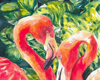 Flamingoes Flamingo Pink Watercolor 8x10" Giclee Print "Flamingoes"