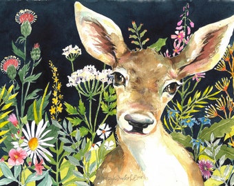 Deer Fawn Floral Watercolor 8x10" Giclee Print "Deer in the Flowers"