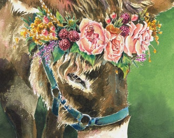 Donkey Floral Watercolor 8x10" Giclee Print "Bohemian Donkey"