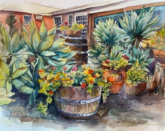 Succulents Floral Watercolor 8x10" Giclee Print "Potted Succulents"