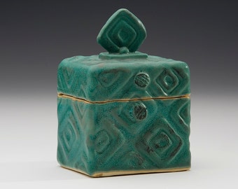 Handmade Pottery Box with Diamond Design impressed into the stoneware clay-Turquoise Glaze-Perfect for jewelry or to store treasures.