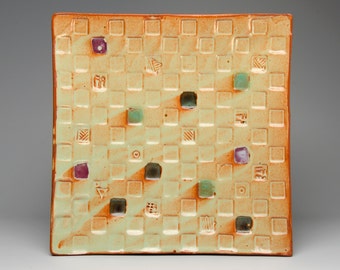 Pottery Square Serving Platter with Rusty Square on Square Design