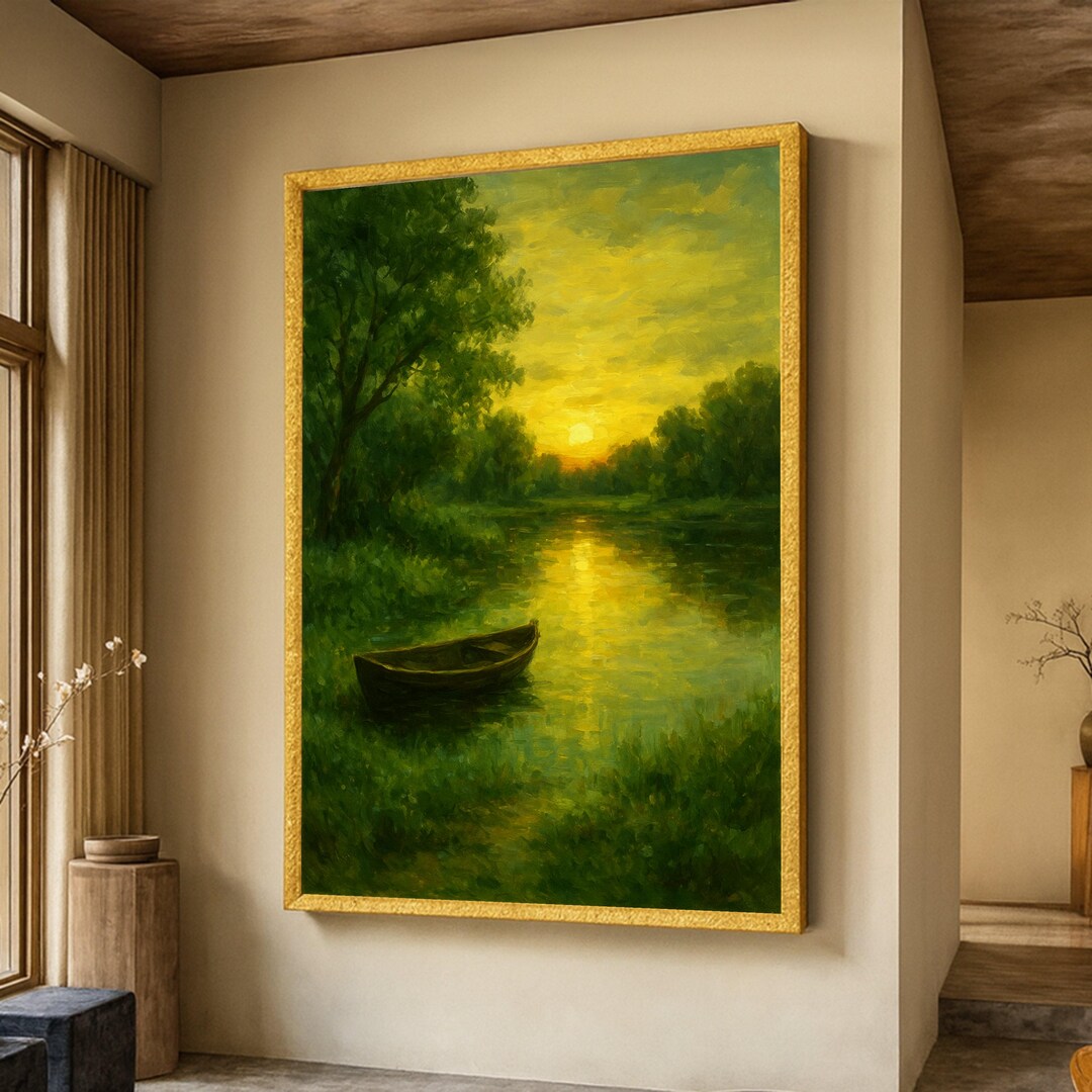 Tranquil Sunset River Scene Canvas, Vintage Boat and Trees, Golden Hour ...