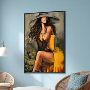 Mujer elegante con vestido y sombrero amarillos: retrato de moda glamoroso, arte de pared moderno y elegante, decoración misteriosa y atemporal