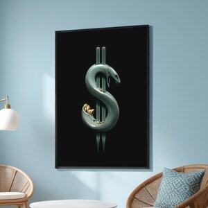 Könnte beinhalten: Ein schwarz-weiß gerahmter Druck einer grünen Schlange, die sich um ein Dollarzeichen mit Goldmünzen auf ihrem Körper windet.