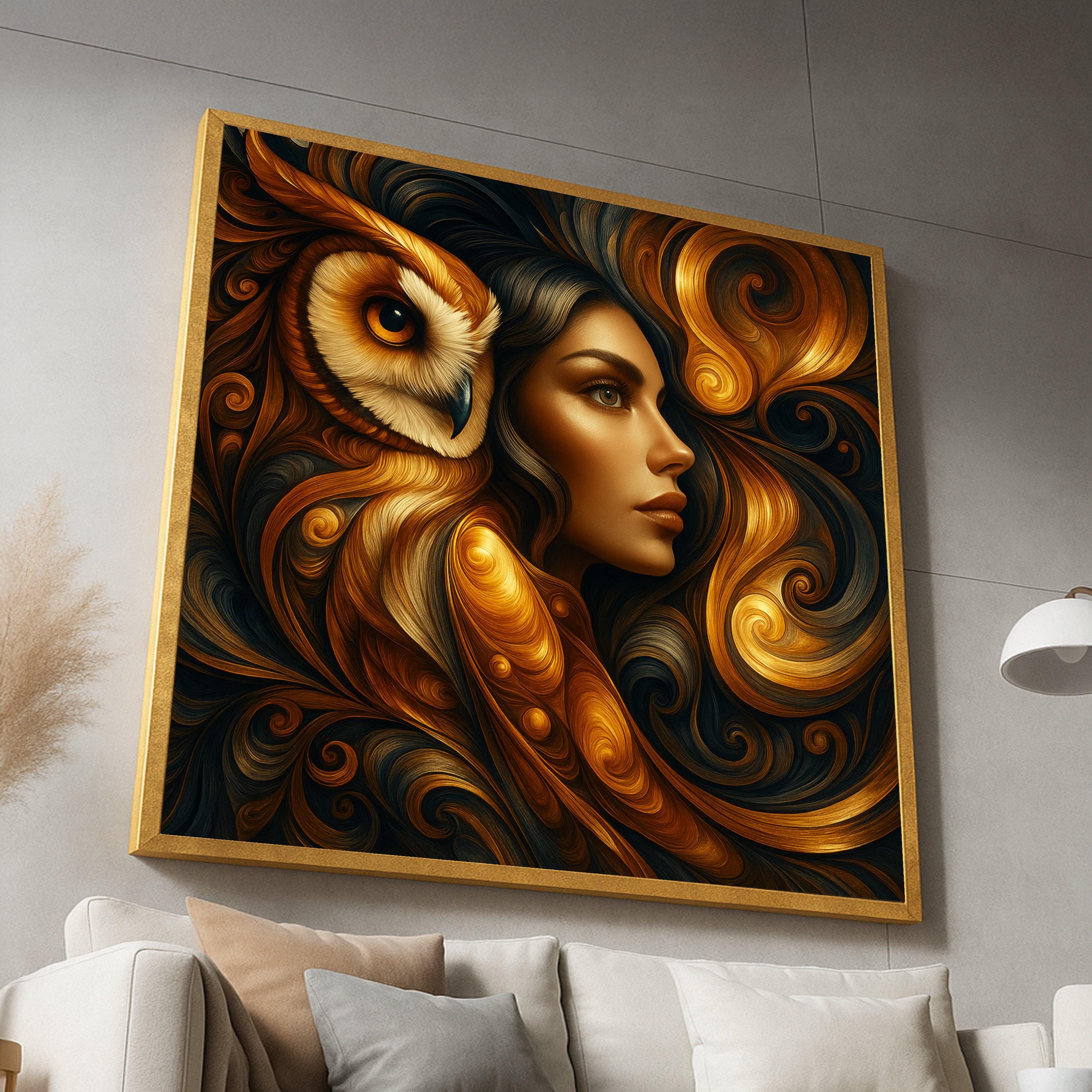 Mystical Woman and Owl Canvas, Golden Swirl Abstract Art, Surreal Animal Portrait Wall Art, Modern H