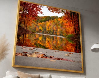 Lienzo con vista al lago otoñal, arte mural con reflejos de follaje otoñal, lienzo con paisaje natural, decoración del hogar de temporada, decoración con escenas de bosque vibrantes
