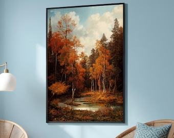 Autumn Forest Canvas Print - Serene Fall Landscape with Pond and Trees - Vibrant Nature Wall Art - Peaceful Woodland Scene