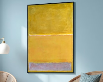 May include: Abstract painting with three horizontal bands of color. The top band is a bright yellow, the middle band is a lighter yellow, and the bottom band is a pale purple.