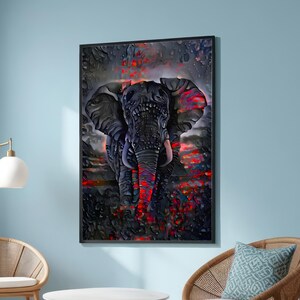 Abstract Elephant Canvas Print, Surreal Wildlife Wall Art, Black and Red Decor, Fiery Animal Artwork, Modern Elephant Painting