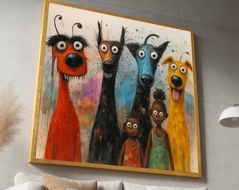 May include: A framed art print depicting a cartoon-style illustration of five dogs and two children. The dogs are in vibrant colours, including red, black, blue, and yellow, with large eyes and exaggerated features. The children are wearing colourful dresses. The background has colourful paint splatters.