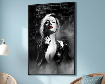 Mulher Noir com Lábios Vermelhos e Arte de Parede de Dinheiro – Femme Fatale Sedutora em Atmosfera Escura – Arte Pop Moderna para Decoração Ousada e Contemporânea
