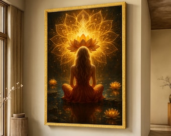 Mulher meditativa com mandala de lótus brilhante, arte de parede espiritual em tela, decoração de casa para ioga, obra de arte para meditação com luz dourada.