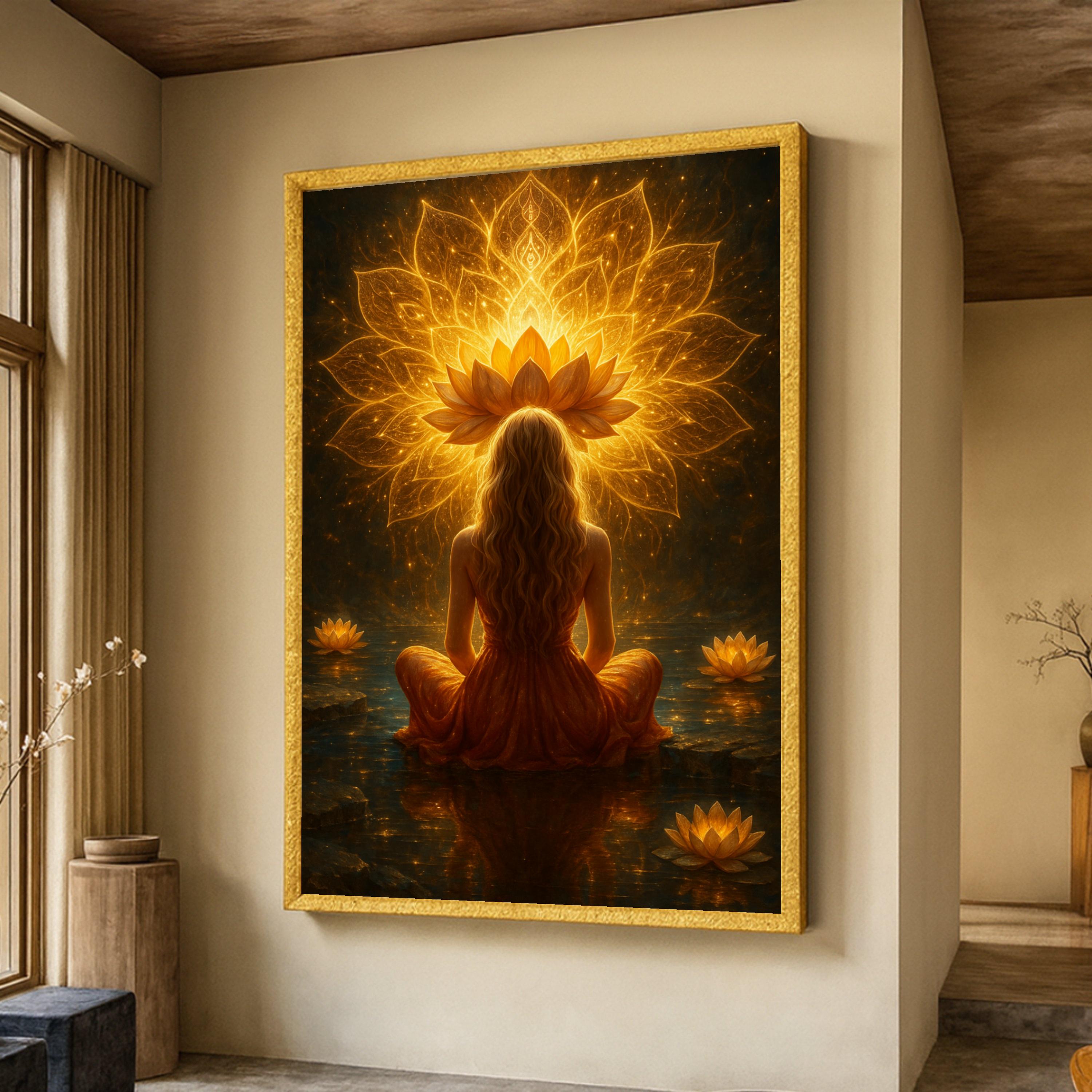 輝く蓮の曼荼羅を持つ瞑想的な女性、スピリチュアルなキャンバス壁