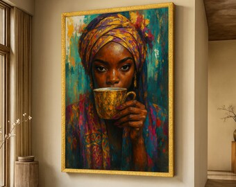 Vibrant African Woman Portrait Canvas, Colorful Headwrap and Golden Cup, Ethnic Wall Art, Boho Home Decoration, Fine Art Print on Canvas