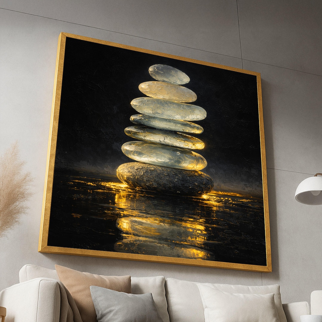 Illuminated Zen Stone Stack Canvas, Balanced Pebbles Wall Art, Calm ...