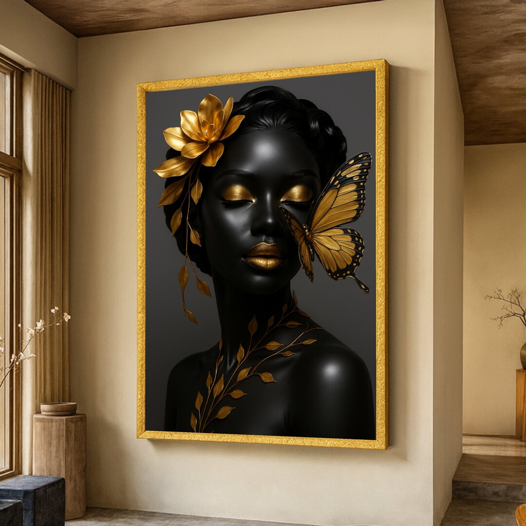Elegant Black and Gold Woman Portrait Canvas, Golden Butterfly Wall Art ...