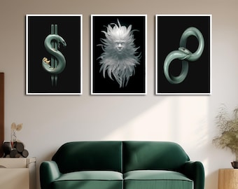 Luxe canvasset slang en beeldhouwkunst - abstracte 3D-kunst - moderne muurdecoratie - uniek woonaccent