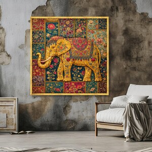 Sierlijke bloemen olifant canvas, muurkunst, decoratief dier canvas, kleurrijk huisdecor, vintage textielontwerp afbeelding 2