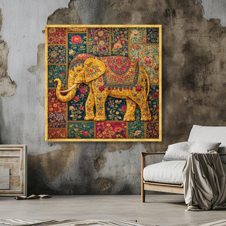 Sierlijke bloemen olifant canvas, muurkunst, decoratief dier canvas, kleurrijk huisdecor, vintage textielontwerp afbeelding 2