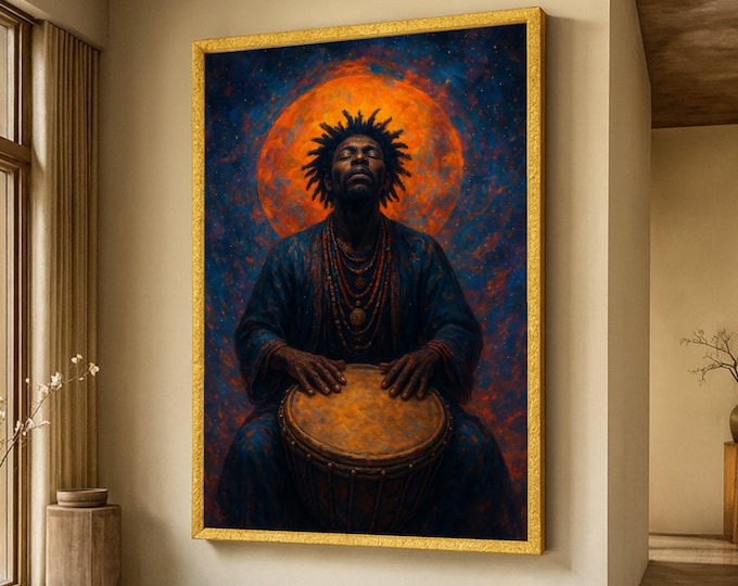 Spiritual Drummer with Tribal Jewelry, Afrocentric Canvas Wall Art, African Musician Portrait, Vibrant Orange Moon Background, Bohemian Home