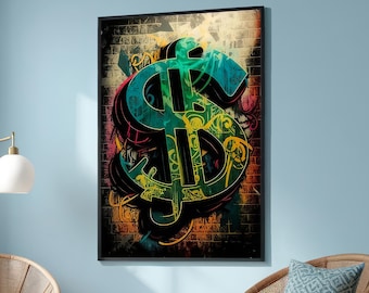 Doek graffiti dollarteken - gewaagde urban street art muurdecoratie - 3D popart dollarsymbool - kleurrijke moderne graffiti muurdecoratie