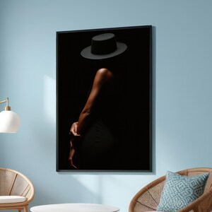 Minimalist Woman Portrait Canvas - Elegant Black Hat Fine Art Print - Mysterious Fashion Wall Decor for Modern & Chic Interiors